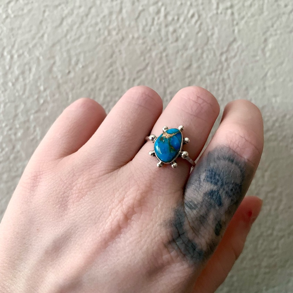 Copper Blue Turquoise and Sterling Silver Burst Ring